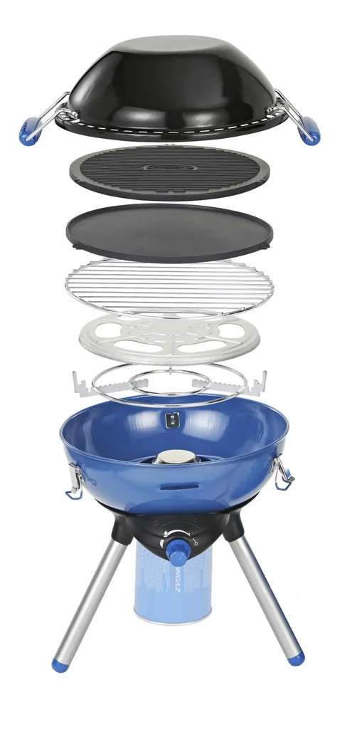 Party Grill  Campingkocher 400 CV, Topfkreuz, Deckel mit Wok-Funktion, wendbare Grill-und Kontaktgrillplatte, Grillrost