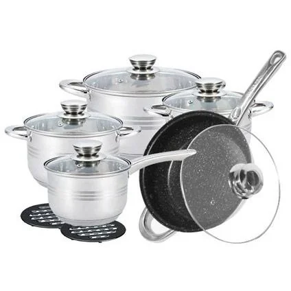 Töpfe und Pfannen - 12 Stück - Mit Untersetzern und Deckeln - Marmorbratpfanne - Bratpfanne - Schmorpfanne - Silber