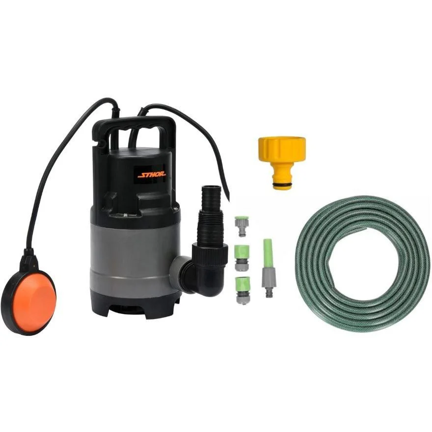 Tauchpumpe - 400W - 8.000 l/h MIT 15-Meter-Gartenschlauch inklusive Düse und Armaturen UND Wasserhahn 1".