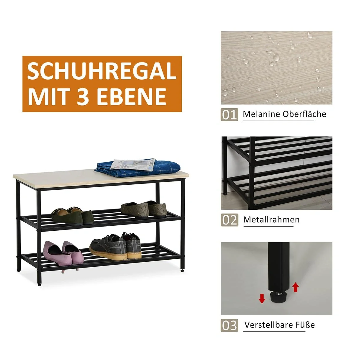 2-in-1 Garderobenset Flurgaderobe mit Sitzbank Wandgarderobe für Eingangsbereich, 6 Haken, Natur+Schwarz, 75 x 30 x 45 c