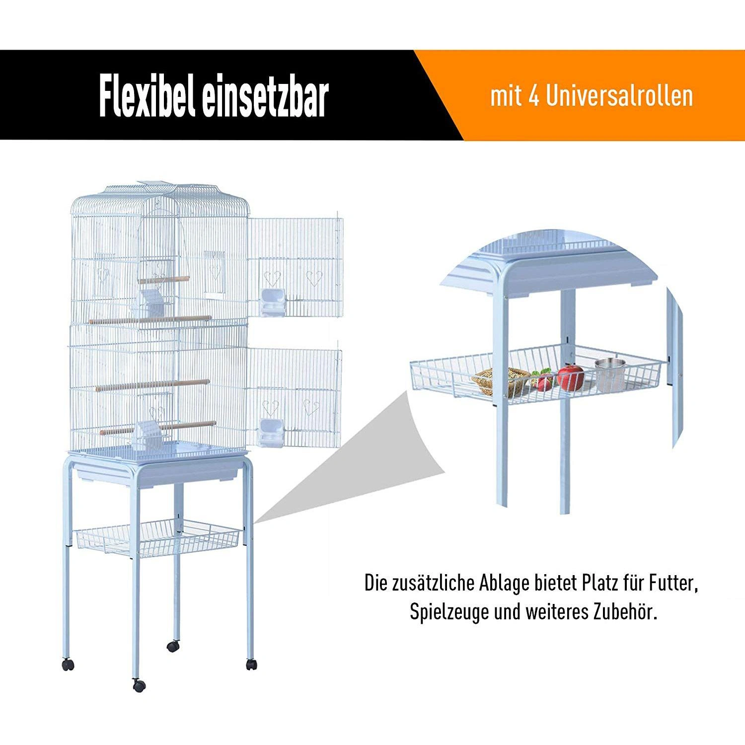 Vogelhaus Vogelkäfig Vogelvoliere für Papagei Wellensittich Vogelbauer mit rollbarem Ständer Weiß 47,5 x 37 x 153 cm
