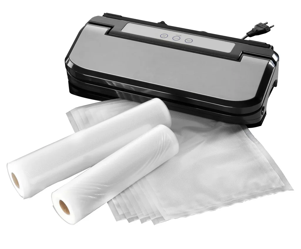 Edelstahl Vakuumierer, 150 W, GRATIS: 2 Rollen (22x500 und 28 x500 cm) + 5 Tüten