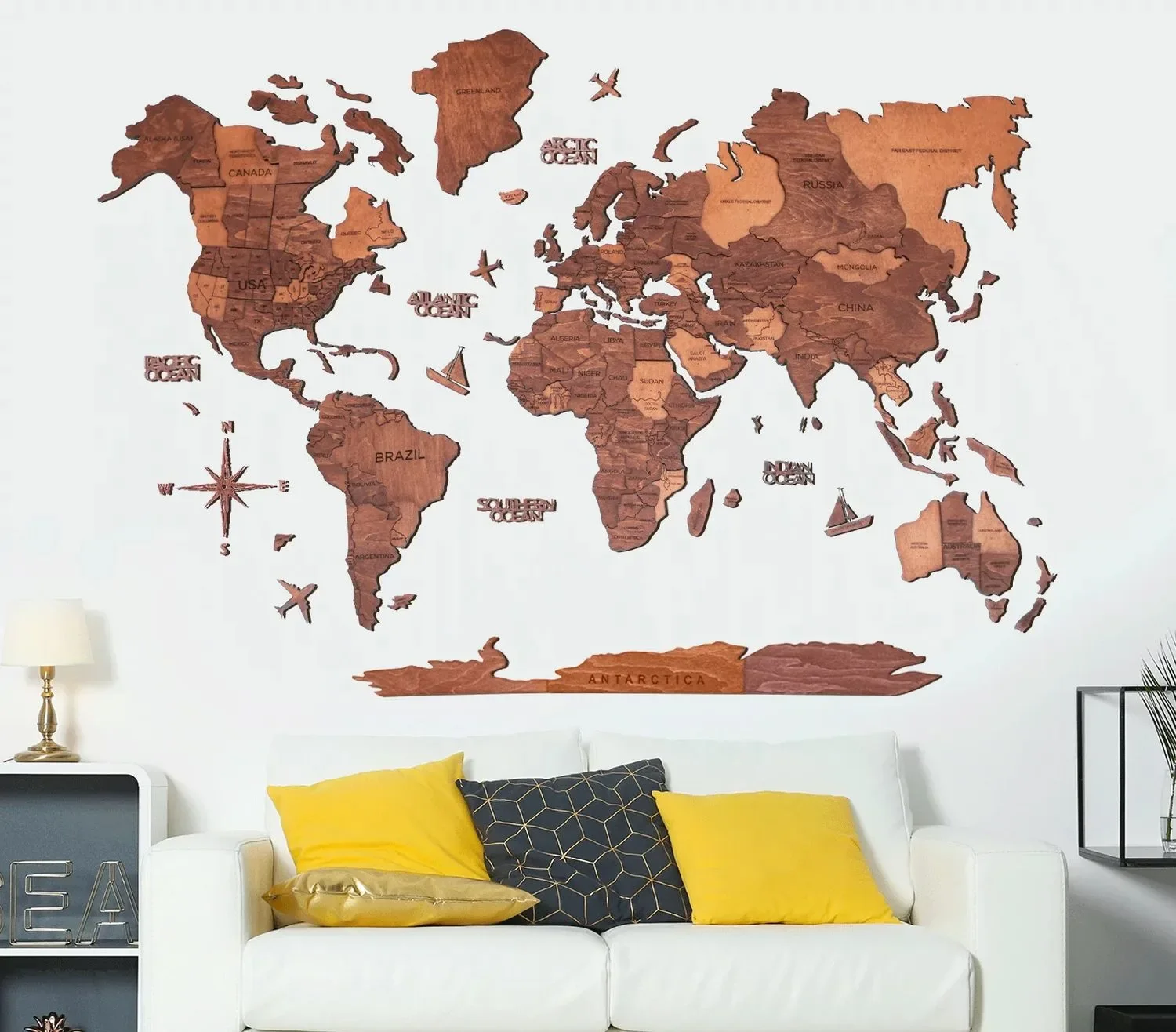Weltkarte holz, Landkarte Welt, Weltkarte Wanddeko 3D - Enjoy The Wood, Eiche Prime, Weltkarte Größe: XL