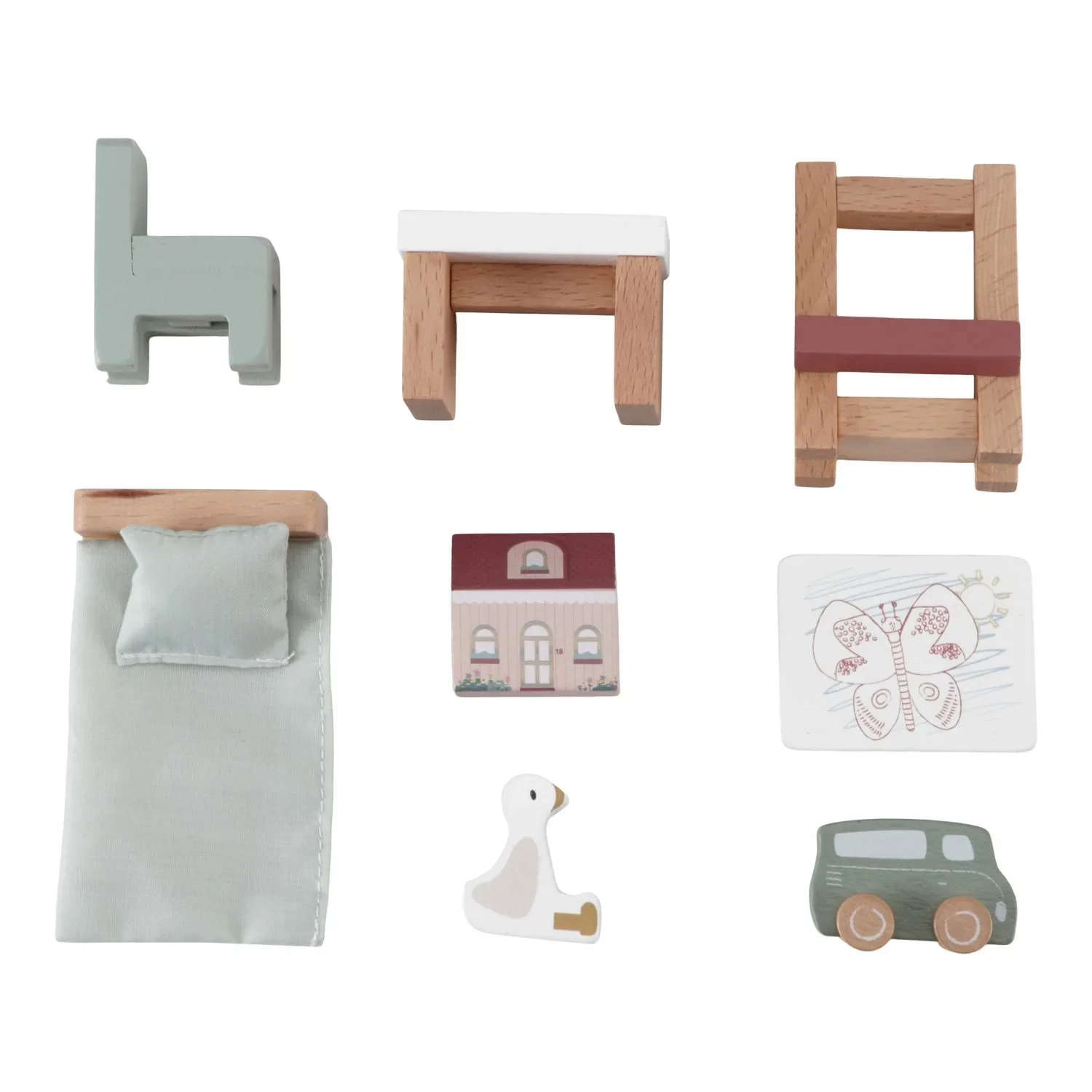 Little Dutch Puppenhaus Kinderzimmer: Möbel Set aus Holz mit Bett, Tisch & Spielzeug - Puppenstube erweitern