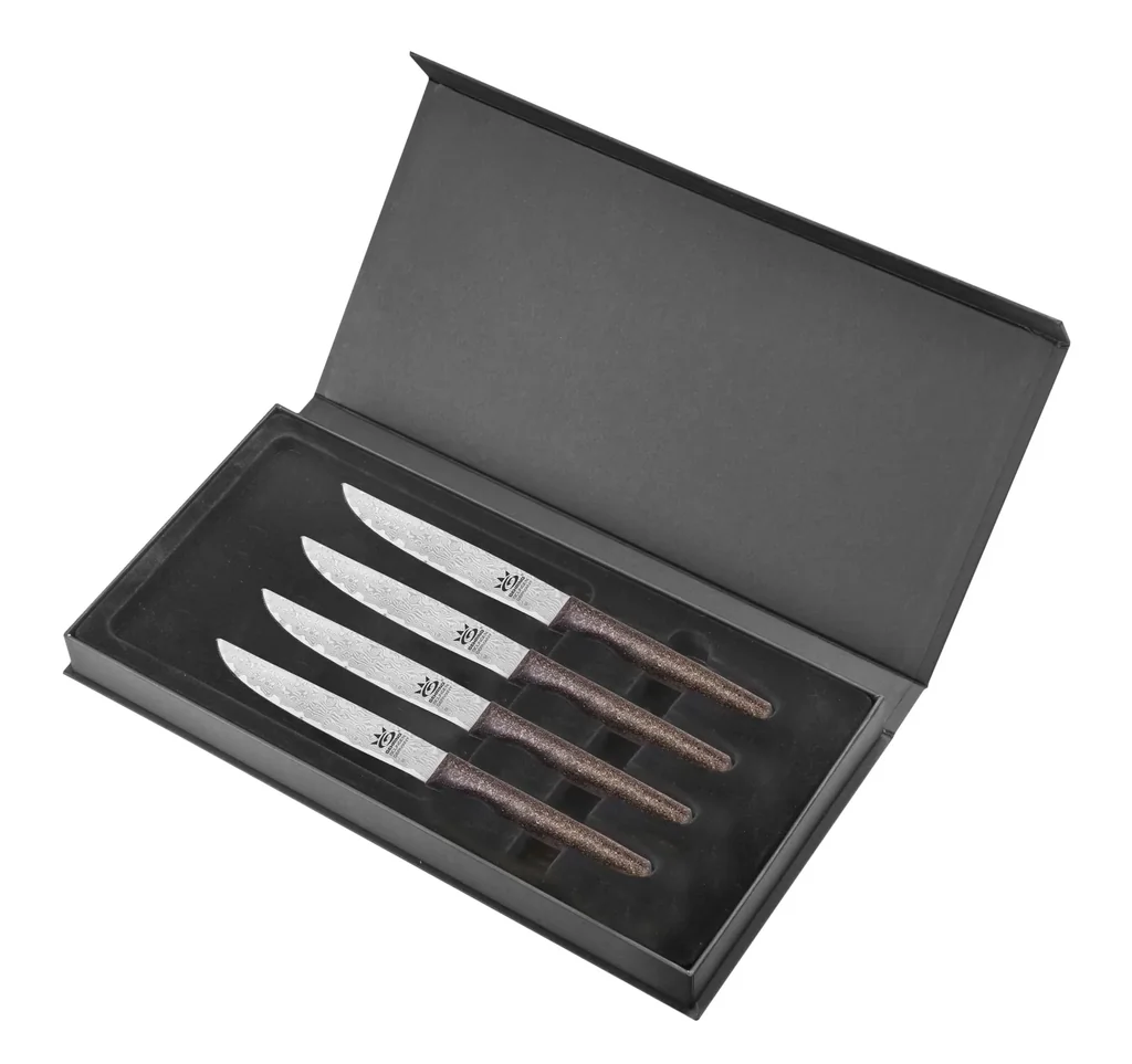 Steak-Messer-Set „Vital“ mit 65-lagigen, geschmiedeten Damast-Klingen aus VG10-Damaststahl, 4-teilig