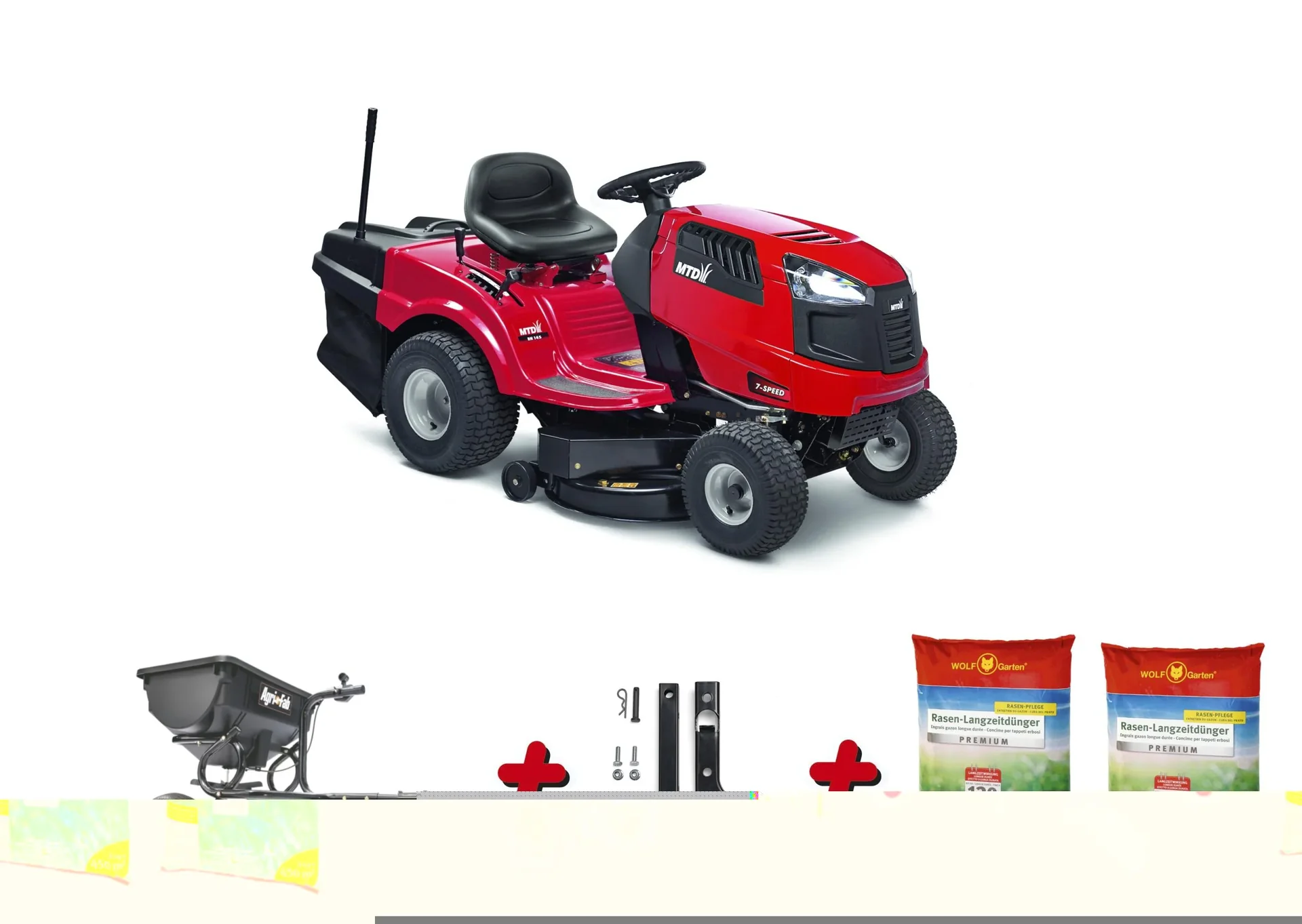 Rasentraktor Smart RN 145 Aktion inklusive Anhänge-Streuer, Kupplung und 2x Rasenlangzeitdünger 450m²