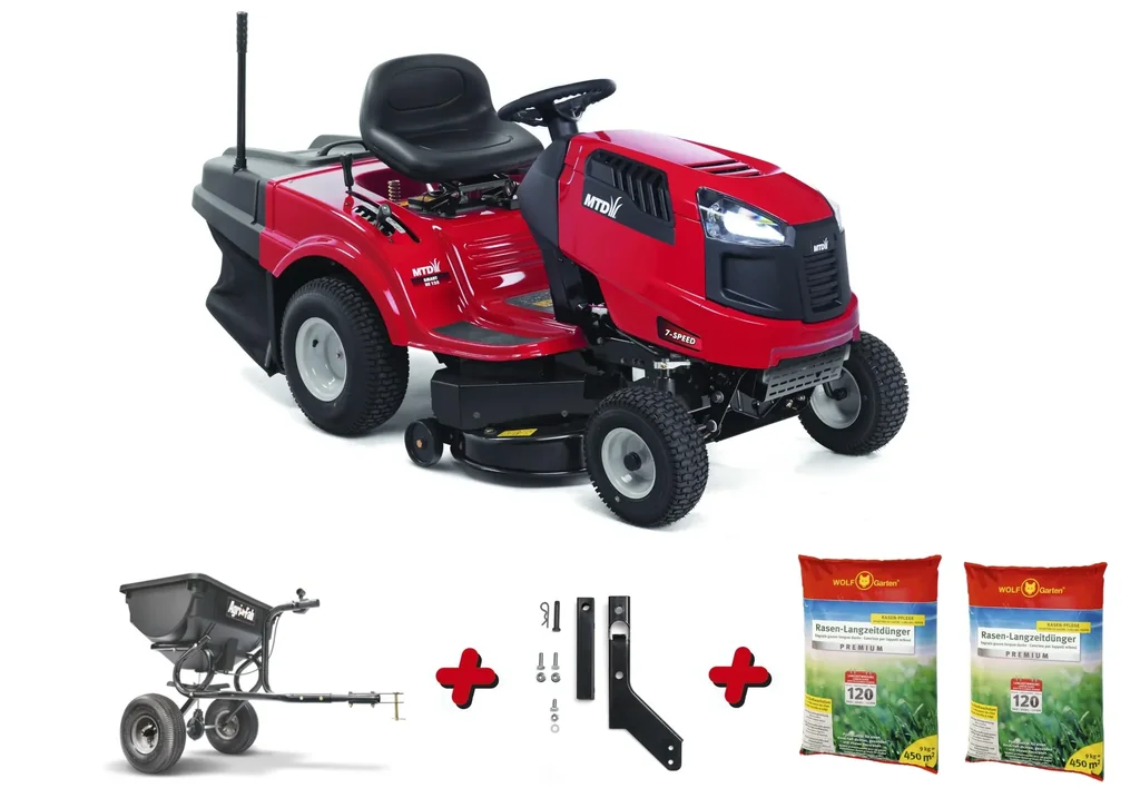 Rasentraktor Smart RE 125 Aktion inklusive Anhänge-Streuer, Kupplung und 2x Rasenlangzeitdünger 450m²