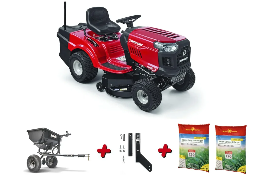 Rasentraktor Pony 92T-R Aktion inklusive Anhänger-Streuer, Kupplund und 2x Rasenlangzeitdünger 450m²