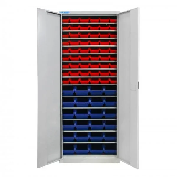 Regalschrank mit Tür, 14 Fachböden, 78 Lagersichtkästen Gr.3 / Gr. 2L
