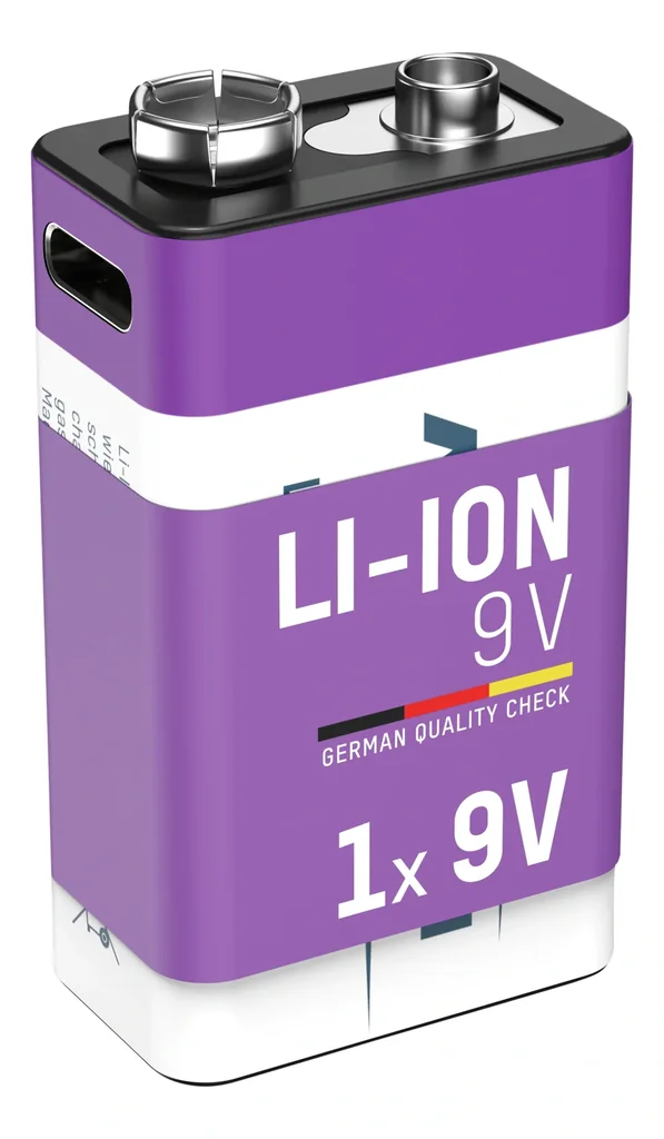 Lithium Ionen 9V E-Block Akku USB-C 1 Stück, Sicherheitsabschaltung