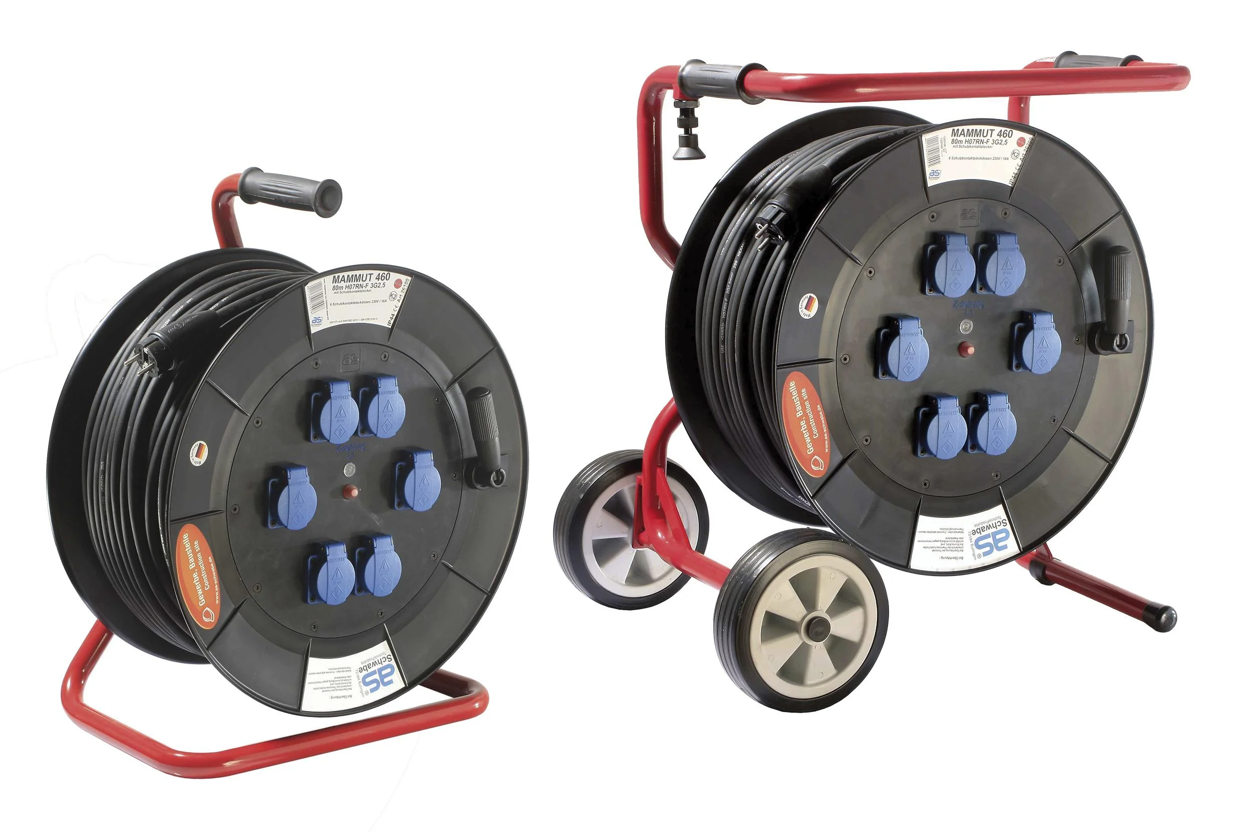 Profi-Trommel Mammut 460 Version 1, 80m, 6 Steckdosen 230V / 16A, mit Trage- und Fußgestell