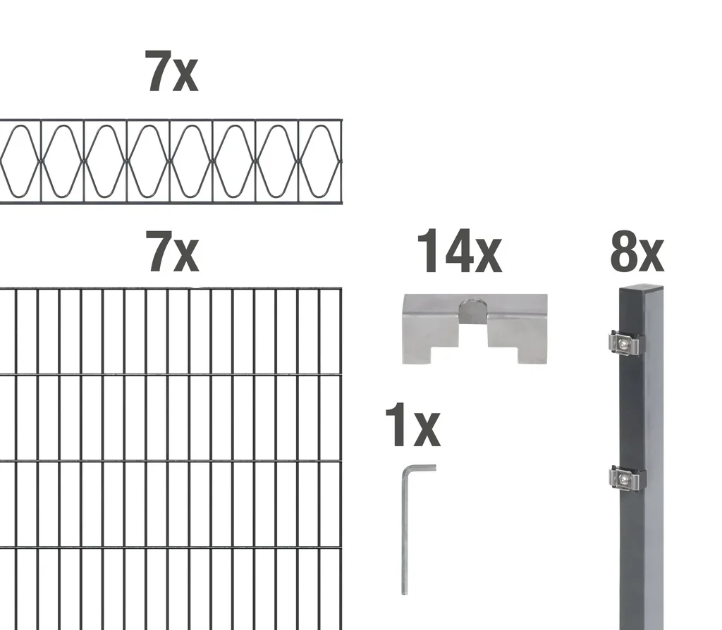 Doppelstabmattenzaun Sets anthrazit mit Dekorelement "Eleganz", Länge: 14 m, Höhe: 160 cm