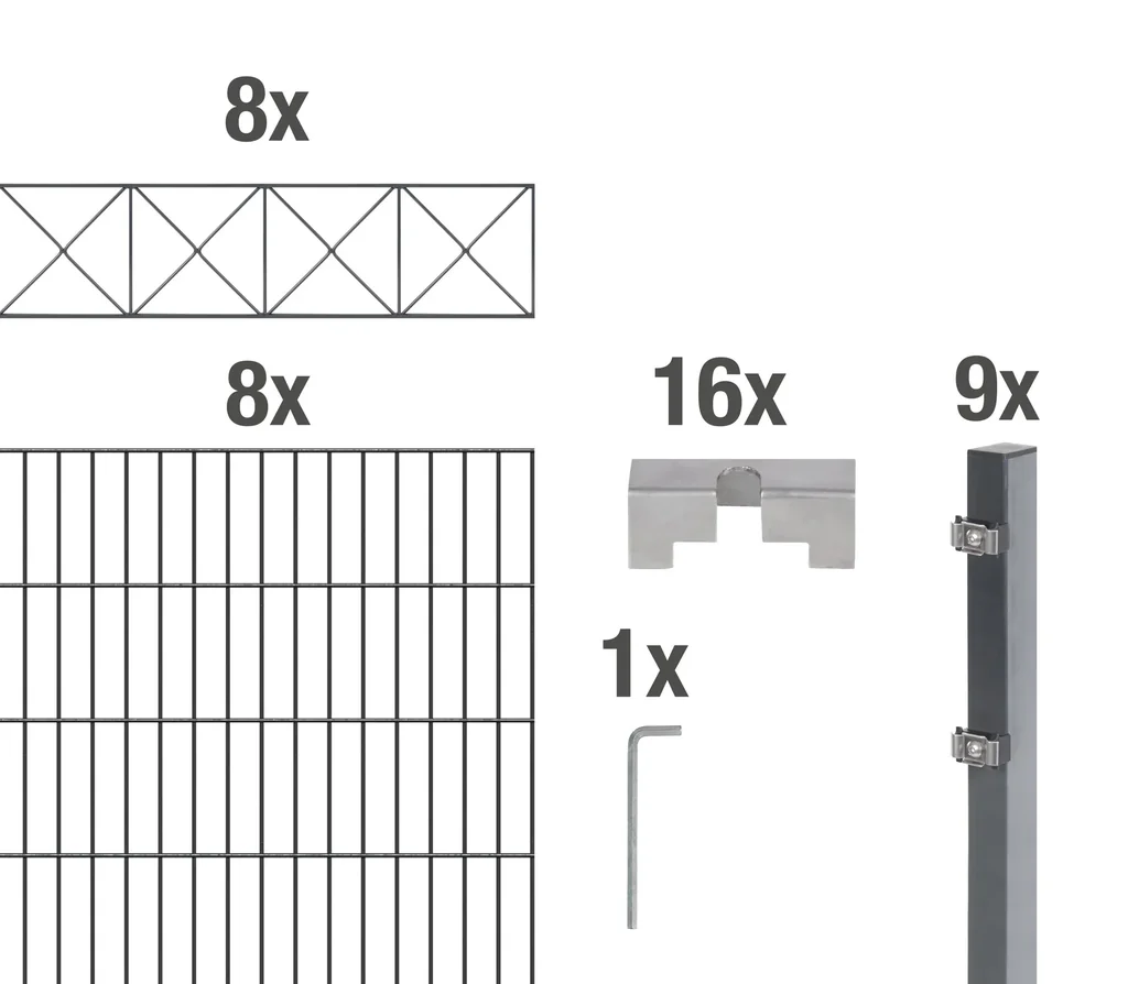 Doppelstabmattenzaun Sets anthrazit mit Dekorelement "Nexus"", Länge: 16 m, Höhe: 160 cm