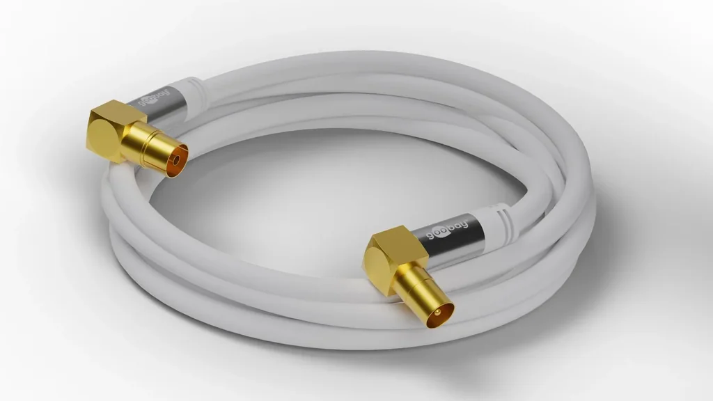 TV Antennenkabel 135 dB, 4x geschirmt, 1 m, Weiß - vergoldet, Koax-Buchse 90° > Koax-Stecker 90° (70411)
