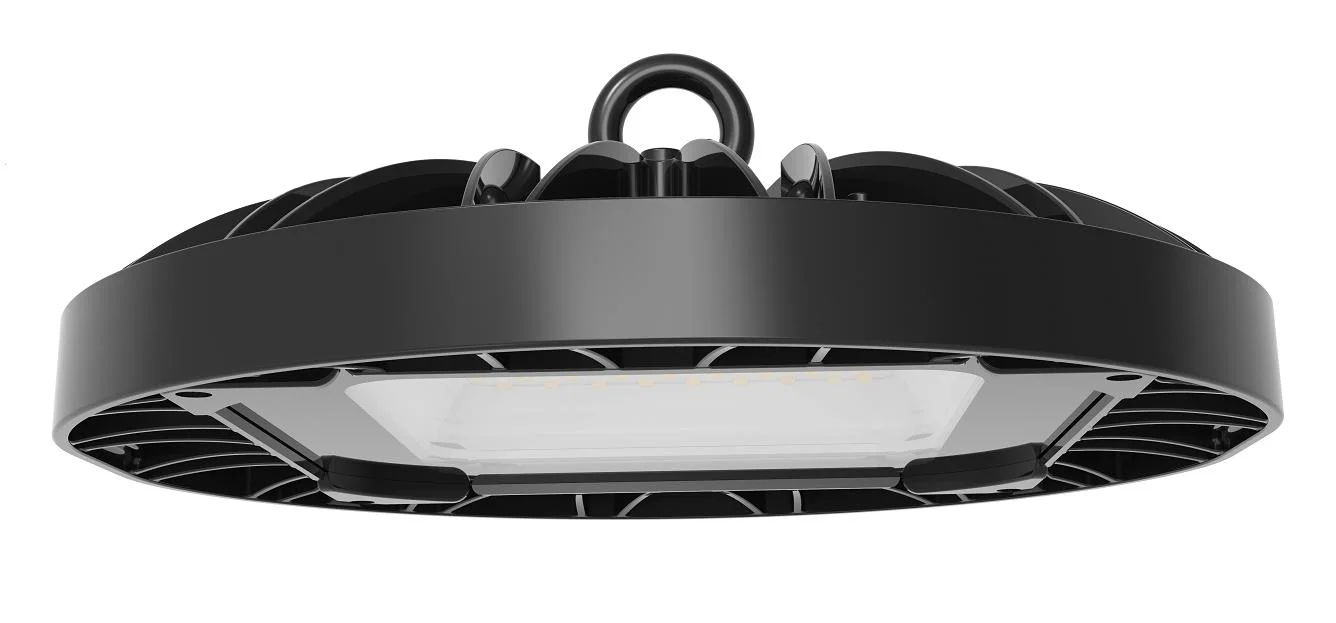 LED-HighBay in UFO-Form bietet 100 W, 9400 lm, 5000 K (neutralweiß) und IP65 Schutz.