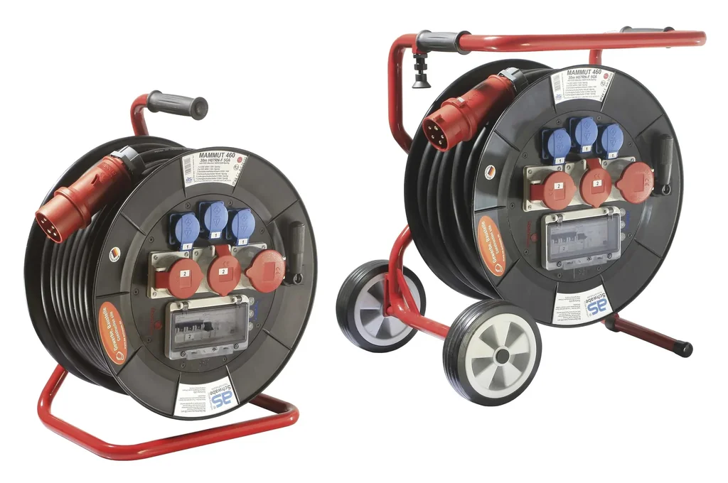 Profi-Trommel Mammut 460 Version 6, 30m, 3 Steckdosen 230V, 2+1-CEE Steckdosen, mit klappbarem Fußgestell