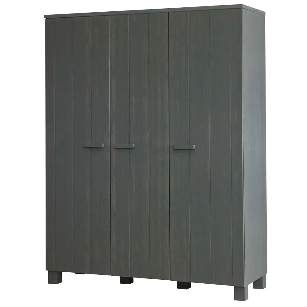 WOOOD - Schrank Dennis, 3-türig, Kiefer, 202x158x55 cm, Stahlgrau