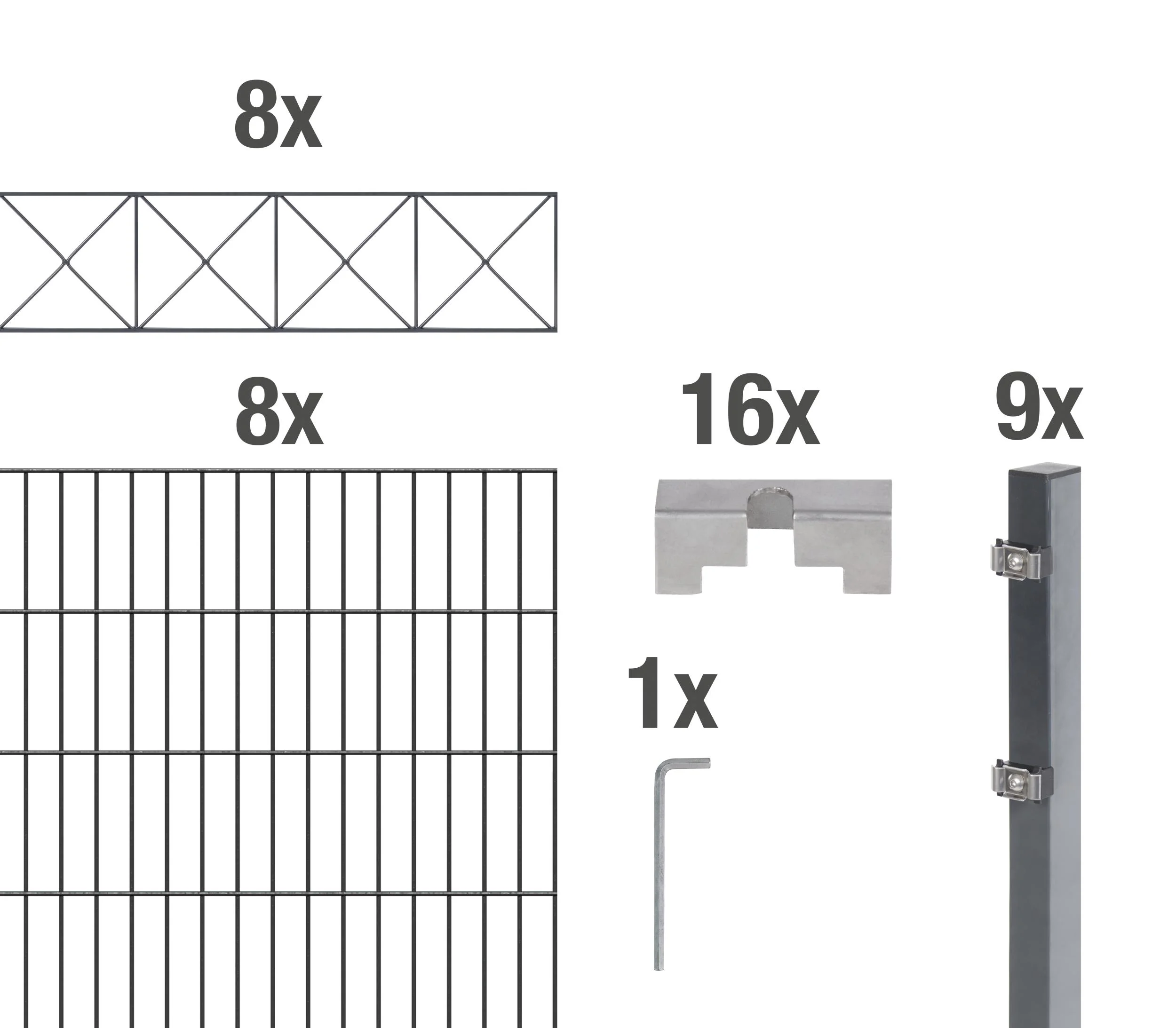 Doppelstabmattenzaun Sets anthrazit mit Dekorelement "Nexus"", Länge: 16 m, Höhe: 140 cm