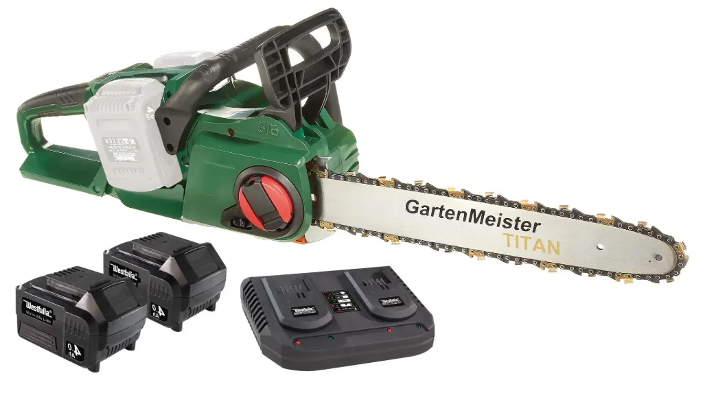 Set Akku-Kettensäge + 2 x 4 Ah Akkus + Doppelschnellladegerät