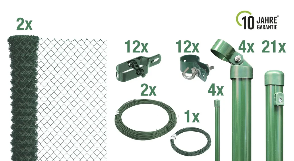 Maschendrahtzaun als Zaun-Komplettset, zum Einbetonieren, grün, Höhe 200 cm, Länge 50 m