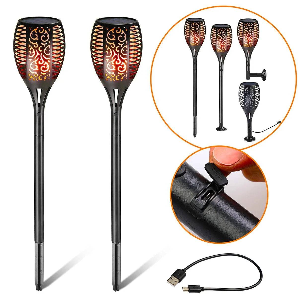 Gartenfackel - Solar - 2 Stück - Mit USB-Anschluss