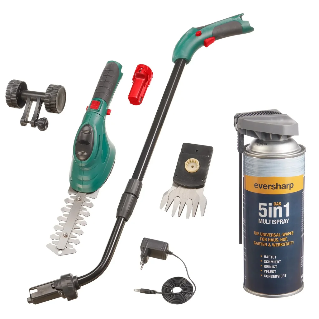 2 in 1 LI-ION Gras- und Heckenschere, 3,6 Volt + Kettensägenreiniger 400 ml
