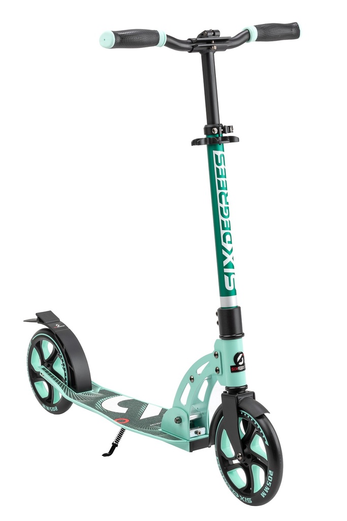 SIX DEGREES Aluminium Scooter mit Klappmechanismus u. Ständer, 205 mm, höhenverstellb., GS-geprüft, mint, TESTSIEGER