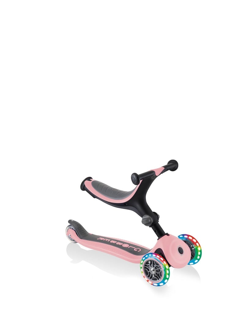 GLOBBER GO-UP FOLDABLE LIGHTS – 3 in 1 Dreirad, 120/80 mm, ABEC 5, 3-rädrig, höhenverstellbar, LED-Rollen, pastellrosa