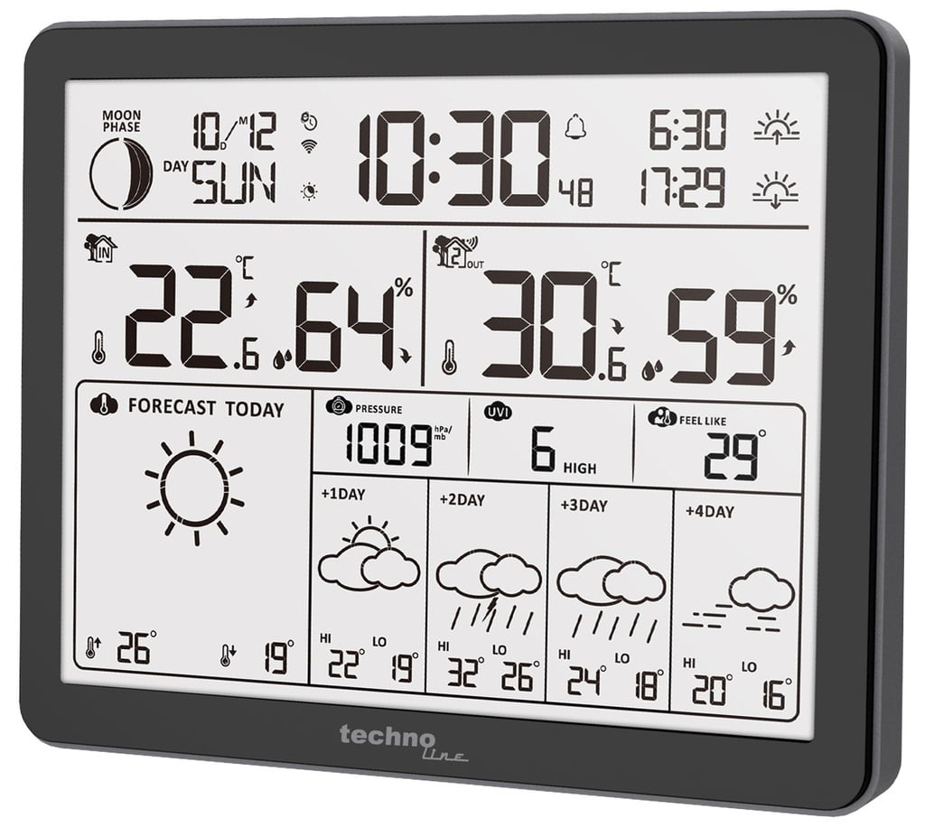 WD3000 WLAN Wetterstation mit App (Tuya Smart) – 4-Tage-Vorhersage, Außensensor, Temperatur, Luftfeuchtigkeit, Luftdruck, UV-Index & Mondphase