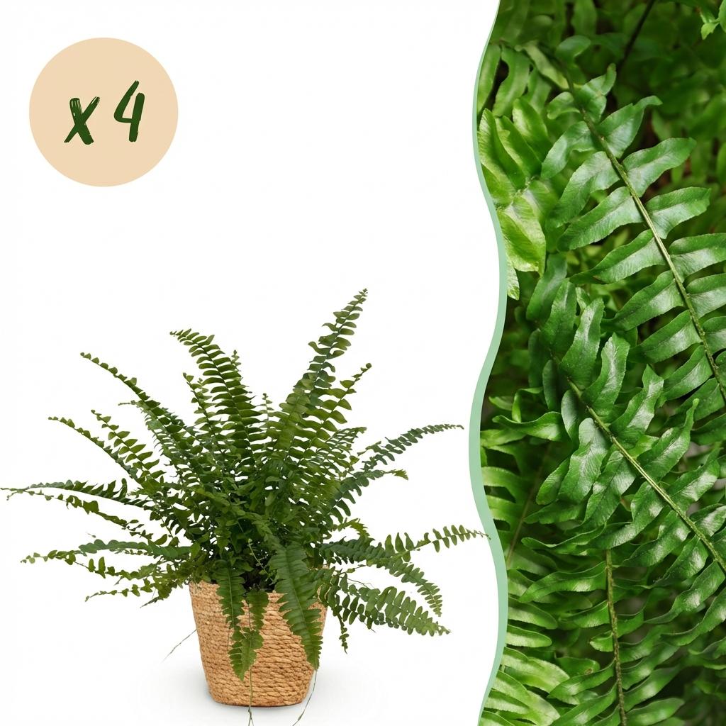 Zimmerpflanze - Nephrolepsis exaltata Green Lady - Farn - Haustierfreundliche Pflanze - Grün - 4 Pflanzen - mit Korb - Topf 12cm - Höhe 25cm