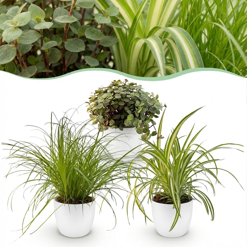 Zimmerpflanze - Cyperus - Calissia - Chlorophytum - Mix aus 3 - Haustierfreundliche Pflanzen - Grün - 3 Pflanzen - mit Potter Weiß - Topf 12cm - Höhe 20cm