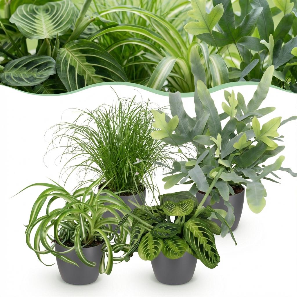 Zimmerpflanze - Chlorophytum - Cyperus - Phlebodium - Marantha - Mix aus 4 - Haustierfreundliche Pflanzen - Grün - 4 Pflanzen - mit Potter Grau - Topf 12cm - Höhe 25cm