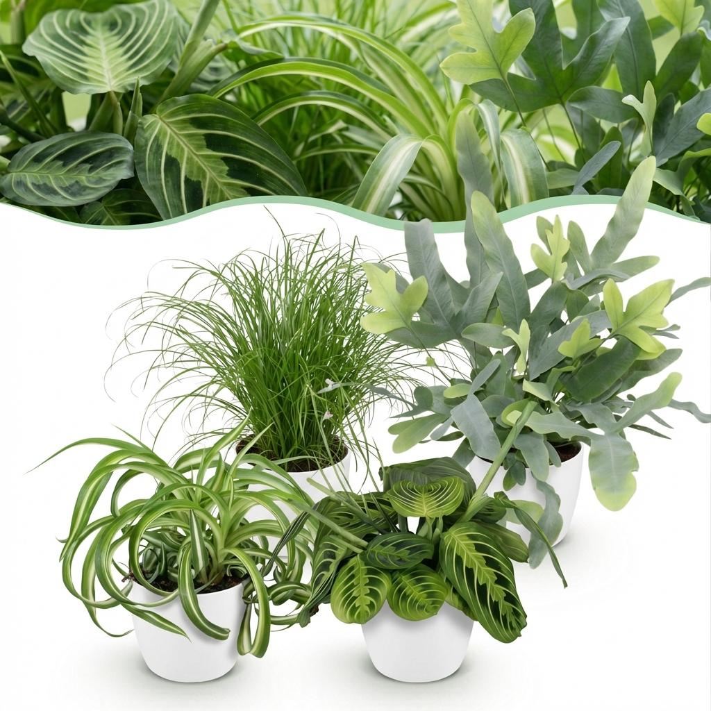 Zimmerpflanze - Chlorophytum - Cyperus - Phlebodium - Marantha - Mix aus 4 - Haustierfreundliche Pflanzen - Grün - 4 Pflanzen - mit Potter Weiß - Topf 12cm - Höhe 25cm