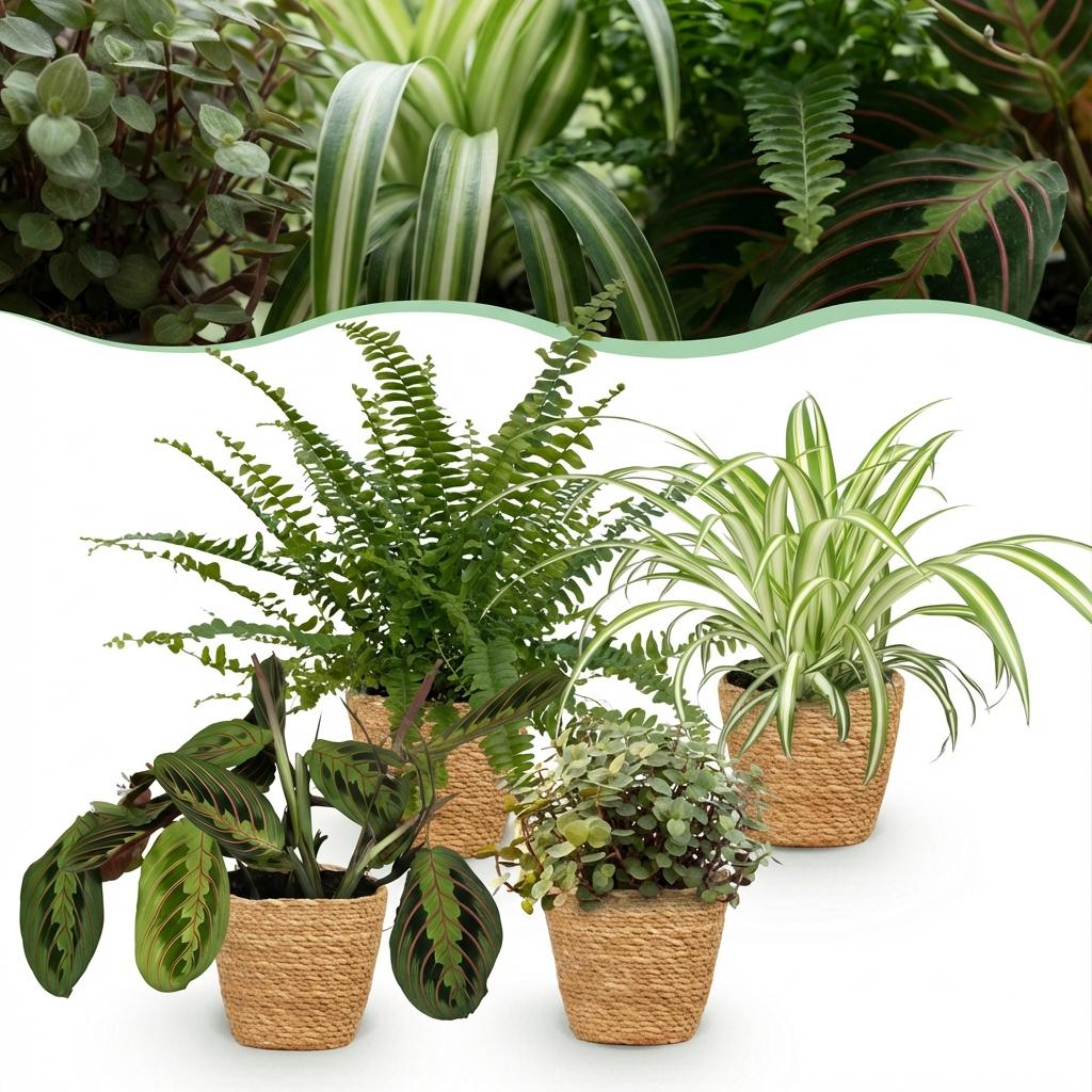Zimmerpflanze - Chlorophytum - Maranta - Calissia - Nephrolepsis - Mix aus 4 - Haustierfreundliche Pflanzen - Grün - 4 Pflanzen - mit Korb - Topf 12cm - Höhe 25cm