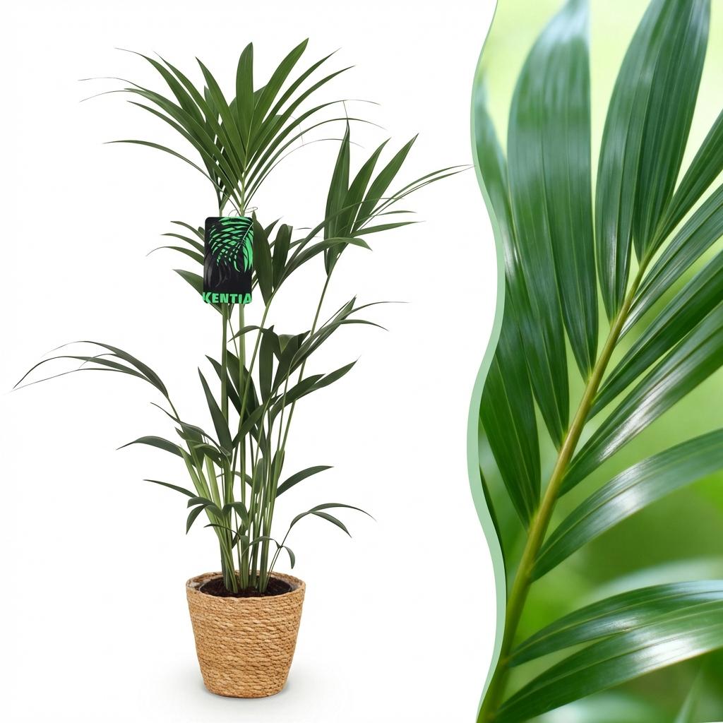 Zimmerpflanze - Howea Forsteriana - Kentia-Palme - Wenig Pflege - Grün - 1 Pflanze - mit Korb - Topf 21cm - Höhe 120-130cm