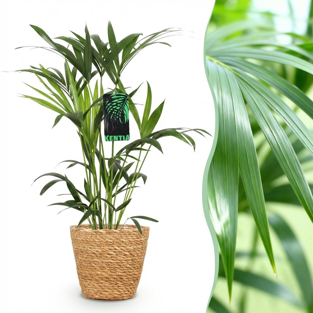 Zimmerpflanze - Howea Forsteriana - Kentia Palme - Wenig Pflege - Grün - 1 Pflanze - mit Korb - Topf 19cm - Höhe 80-85cm