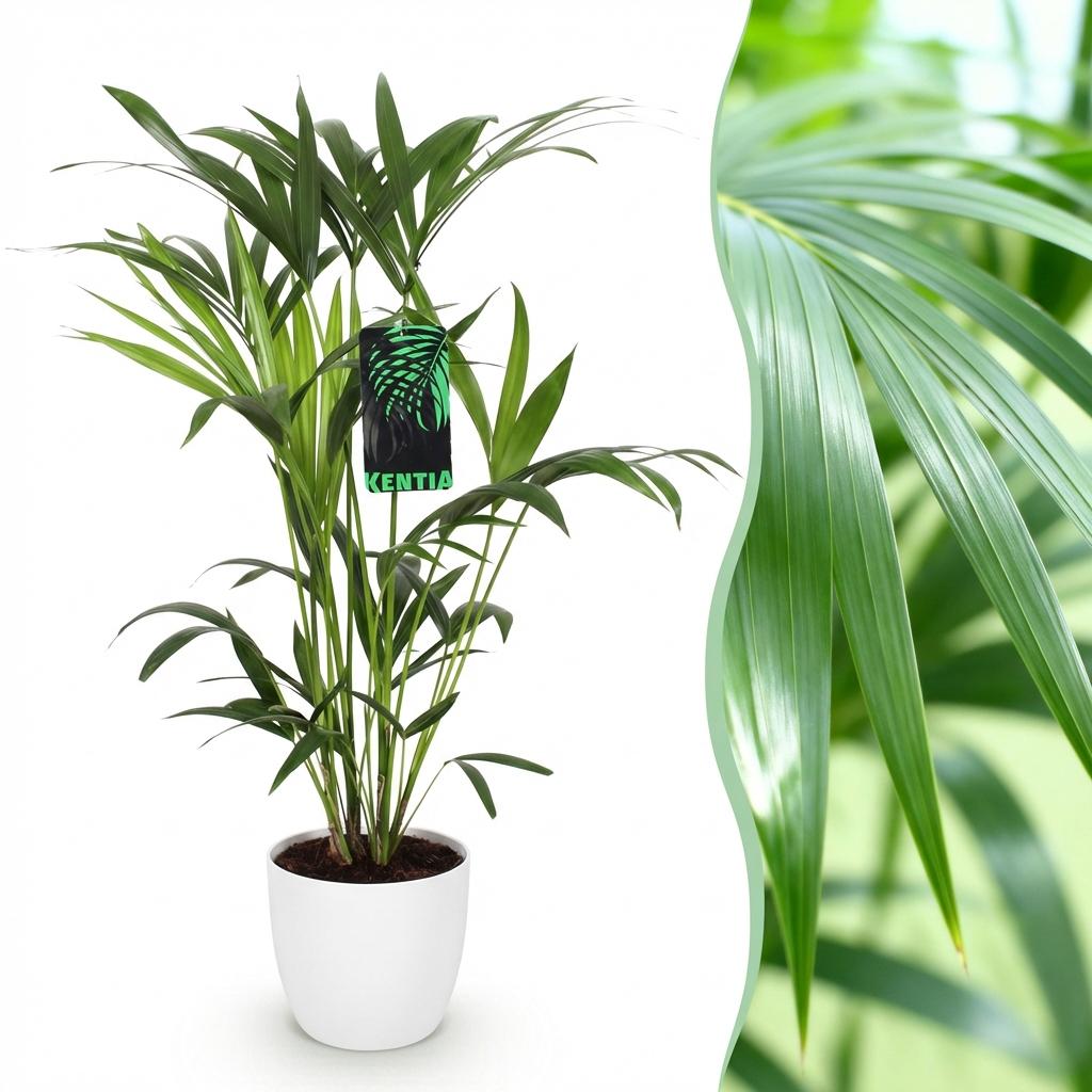 Zimmerpflanze - Howea Forsteriana - Kentia Palme - Wenig Pflege - Grün - 1 Pflanze - mit Potter Weiß - Topf 19cm - Höhe 80-85cm
