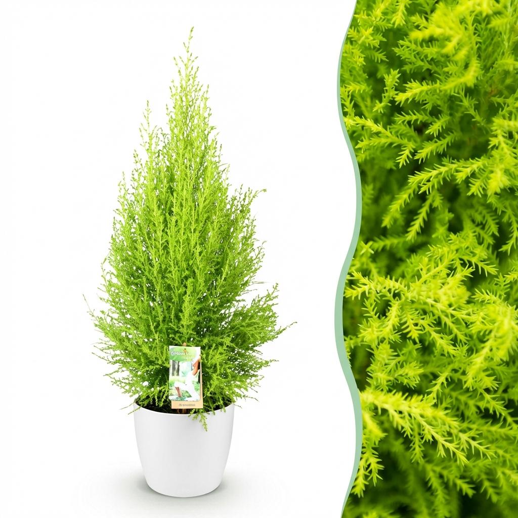 Zimmerpflanzen - Cupressus Gold Crest Wilma - Zimmerkonifere - Wenig Pflege - Grün - 1 Pflanze - mit Potter Weiß - Topf 21cm - Höhe 85-95cm