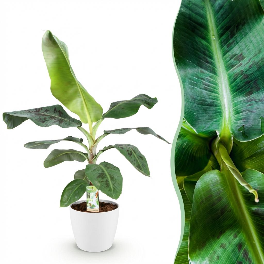Zimmerpflanzen - Musa acuminata Dwarf Cavendisch - Bananenpflanze - Wenig Pflege - Grün - 1 Pflanze - mit Potter Weiß - Topf 21cm - Höhe 70-75cm