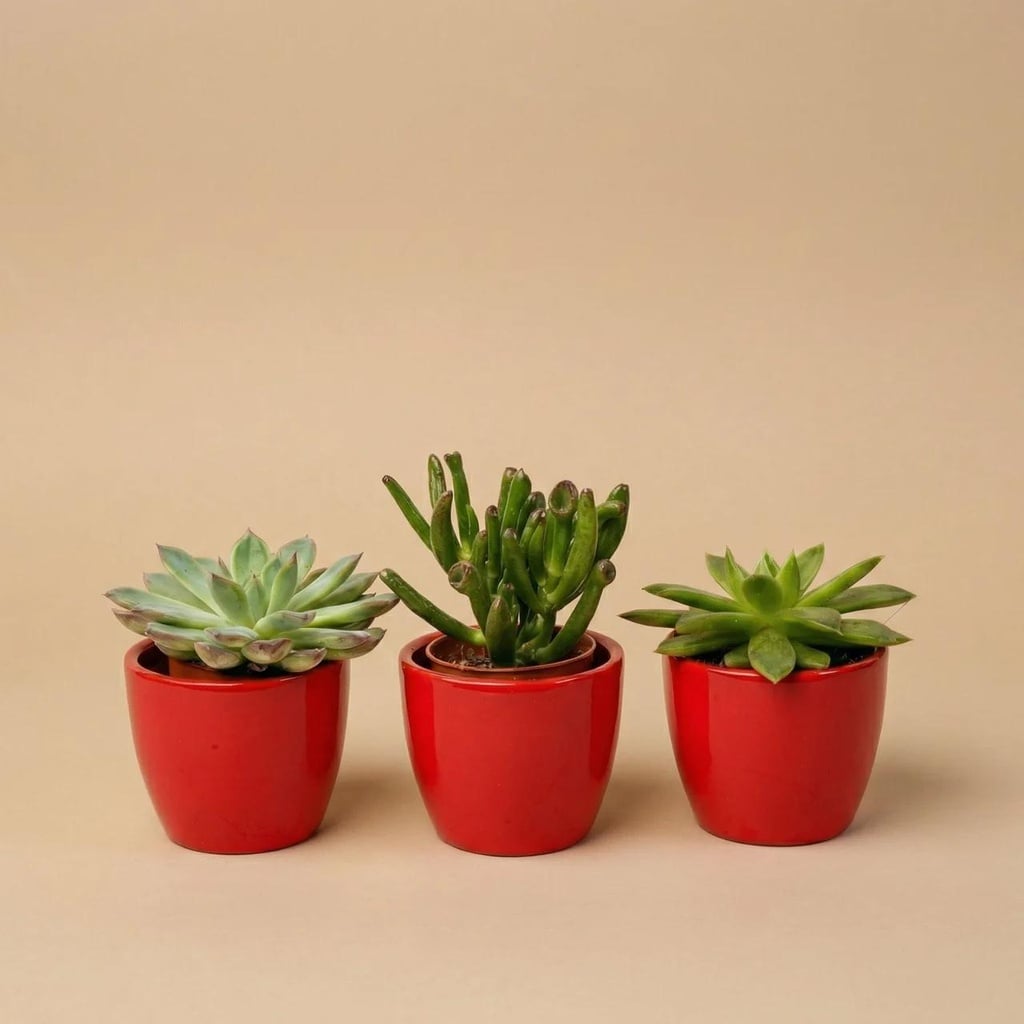 Sukkulenten Set 3er mit rotem Mini-Topf - ↑ 8–12 cm