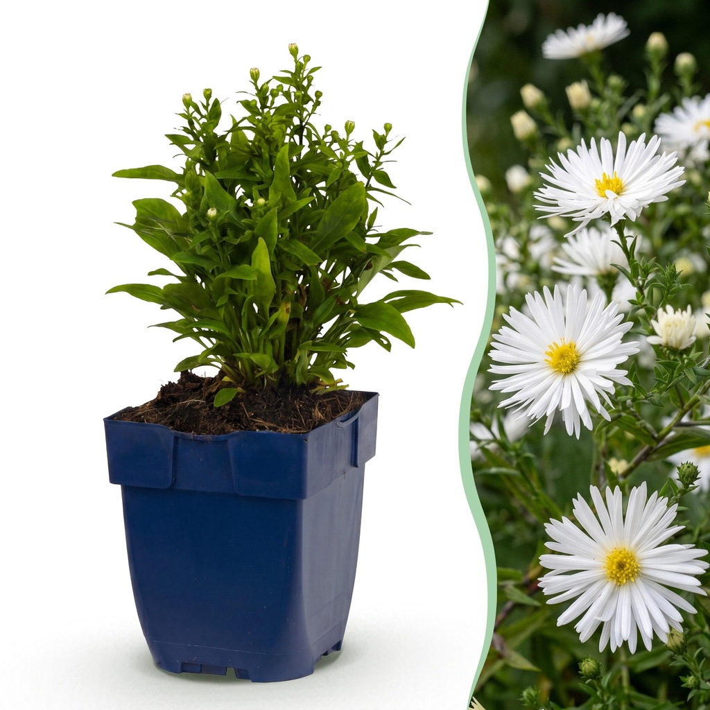 Stauden - Aster (D) Schneekissen - Zeeaster - Bienen- und Schmetterlingsmagnete - Weiß - 1 Pflanze - Topf 11cm - Höhe 15-25cm