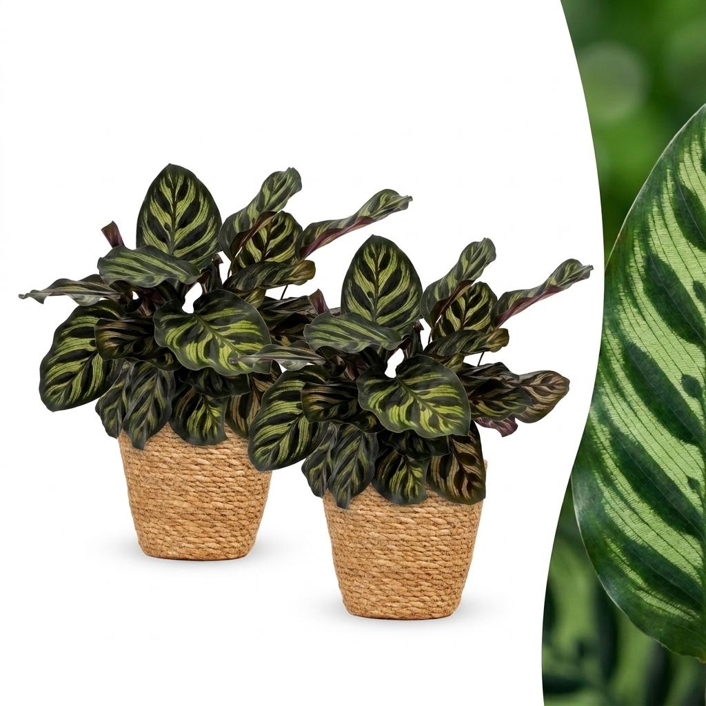 Calathea Makoyana - Pfauenpflanze - 2 Pflanzen - mit Korb - Topf 12cm - Höhe - 25cm