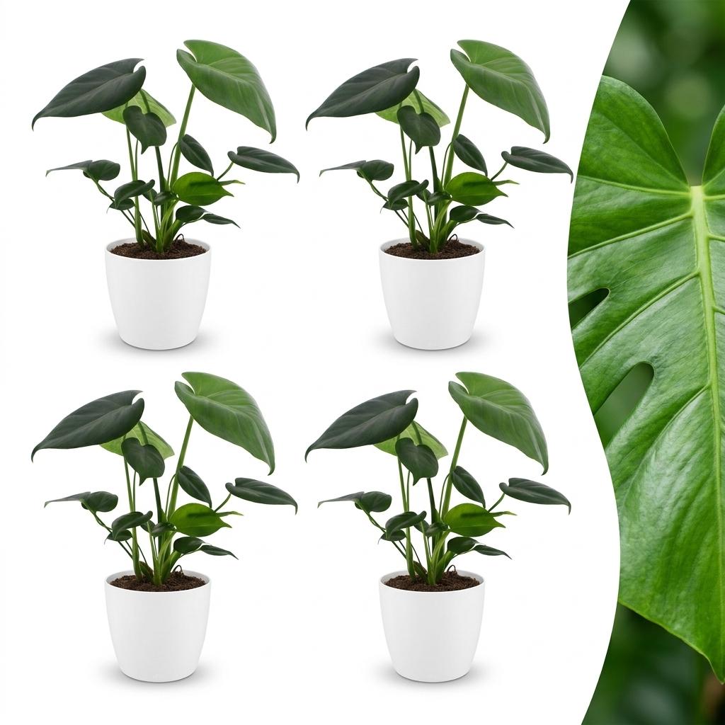 Monstera Deliciosa - Fensterblatt - 4 Pflanzen - mit Weißem Topf - Topf 12cm - Höhe - 30cm