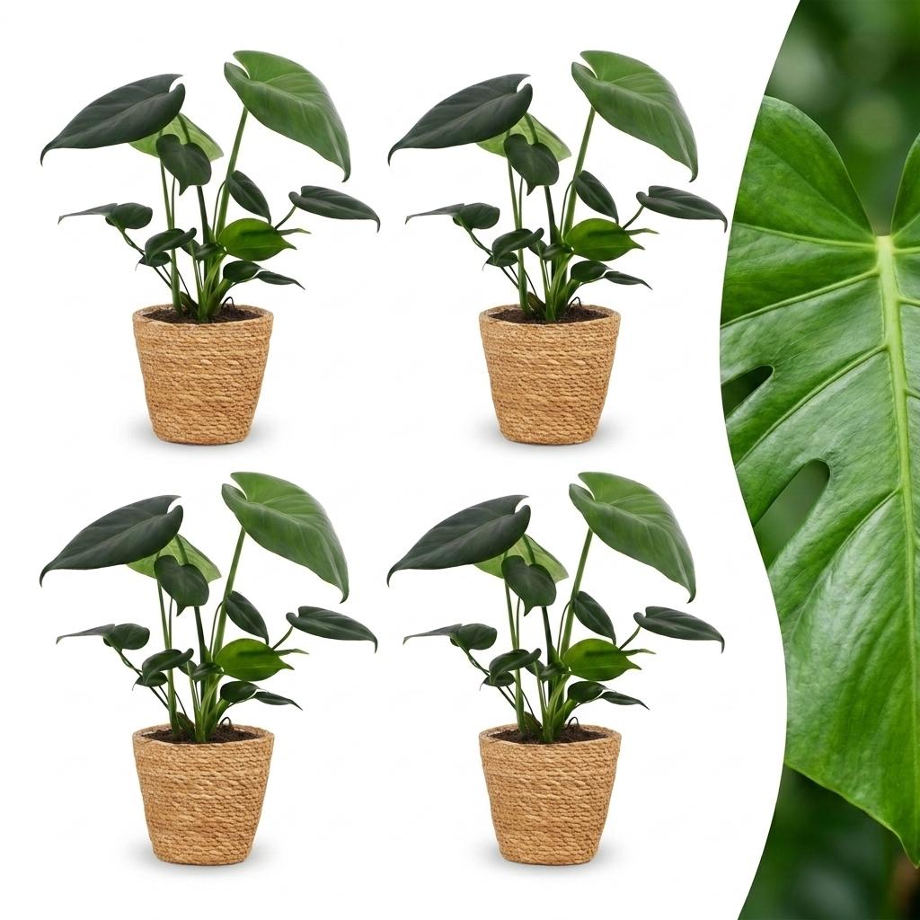 Monstera Deliciosa - Fensterblatt - 4 Pflanzen - mit Korb - Topf 12cm - Höhe 30cm