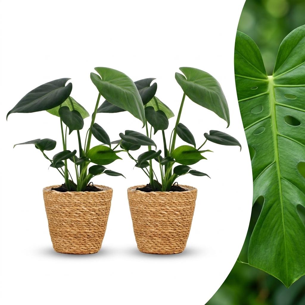 Monstera Deliciosa - Fensterblatt - 2 Pflanzen - mit Seegraskorb - Topf 12cm - Höhe 30cm