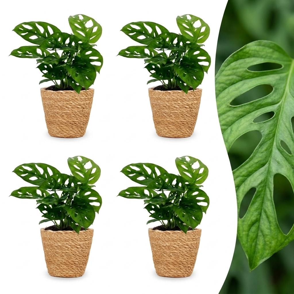 Monstera Adansonii - Monstera Adansonii - 4 Pflanzen - mit Korb - Topf 12cm - Höhe - 25cm