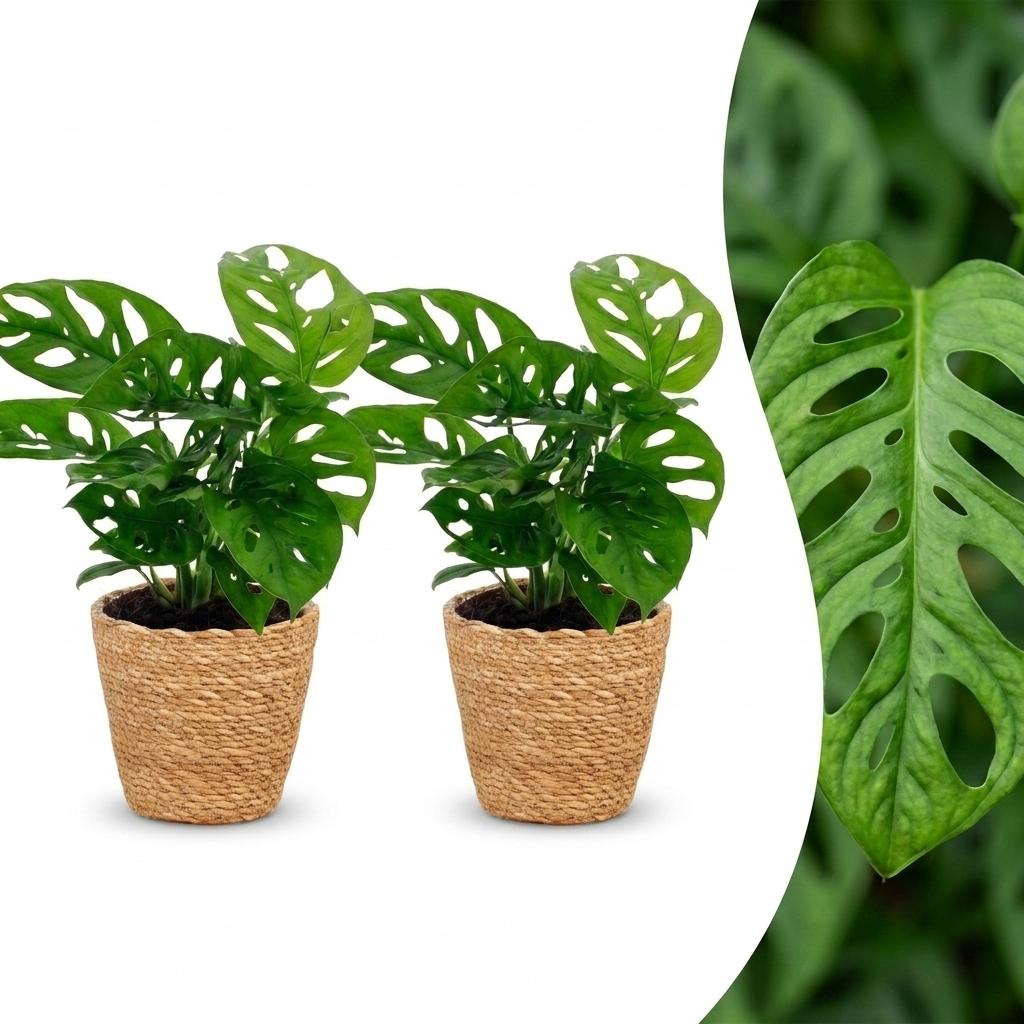 Monstera Adansonii - Monstera Adansonii - 2 Pflanzen - mit Korb - Topf 12cm - Höhe - 25cm