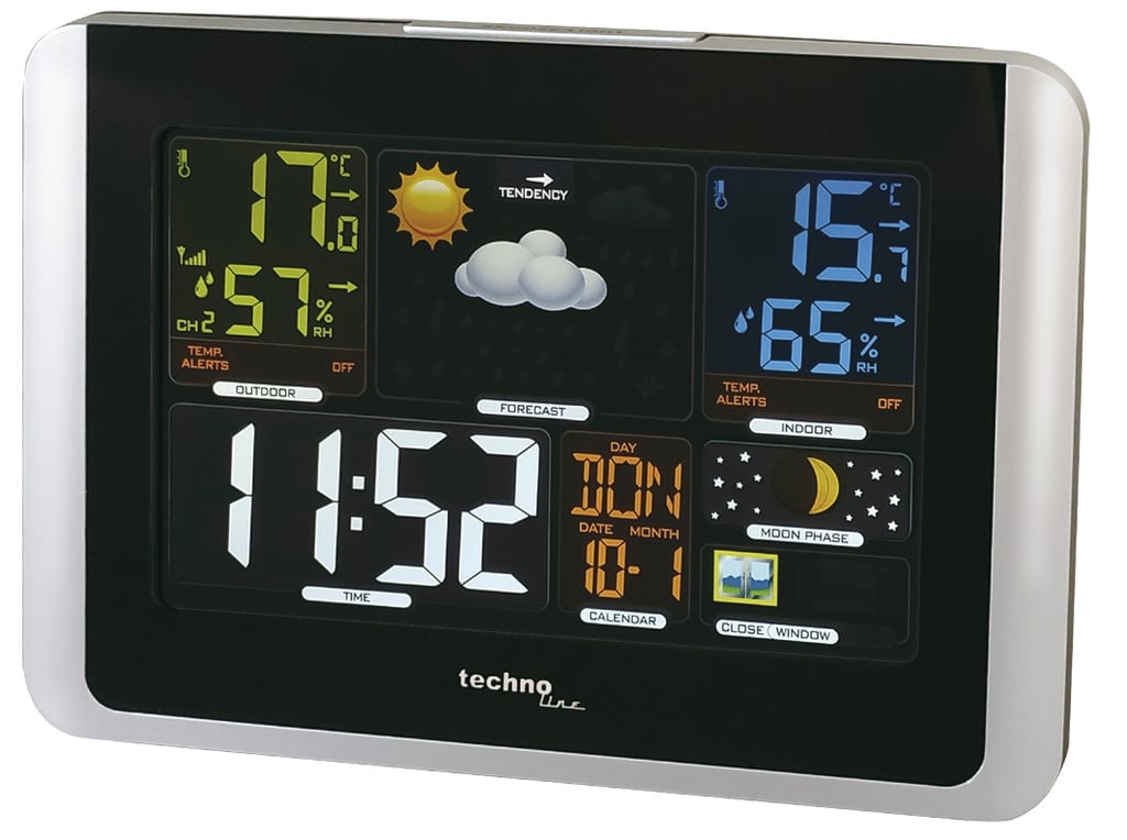 WS6442 Funk-Wetterstation mit Farbdisplay & Außensensor – Innen-/Außentemperatur, Luftfeuchtigkeit, Wettervorhersage, Funkuhr, Mondphase, Wecker, Temperaturalarm, schwarz/silber