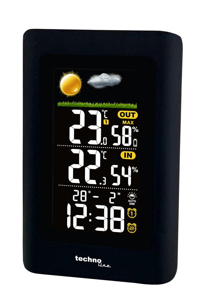 WS6447 Wetterstation mit Außensender, Innen- und Außentemperatur, Luftfeuchtigkeit, Wettervorhersage, 2 Weckalarme, Schlummerfunktion, Min/Max-Speicher, Uhrzeit und Datum