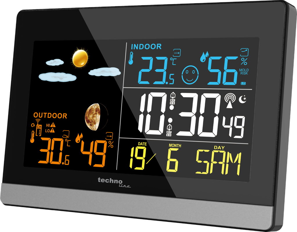 WS6455 Wetterstation mit Außensensor, DCF-77 Funkuhr, Wettervorhersage, Innen- & Außentemperatur, Luftfeuchtigkeit, Mondphase, MIN/MAX, Frostalarm, 2 Wecker, farbiges LCD